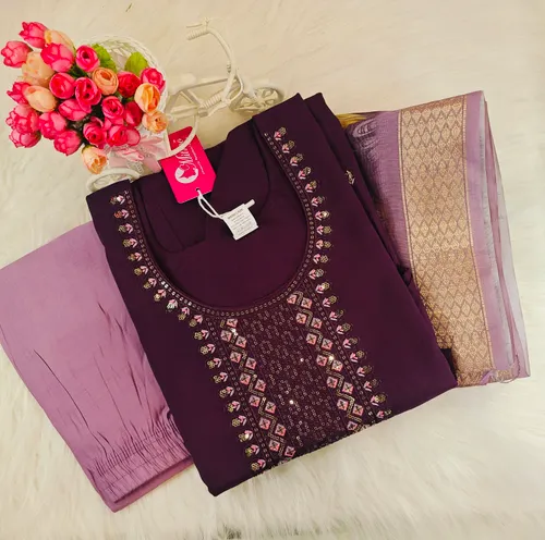 WINE KURTI WITH LAVENDER PANT SET KS059